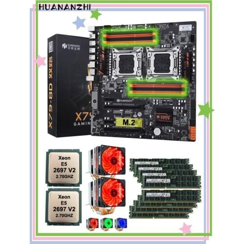 HUANANZHI X79-8D dual X79 motherboard with M.2 NVMe SSD slot dual CPU Xeon E5 2697 V2 with dual coolers RAM 256G(8*32G) REG ECC