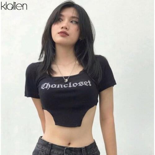 KLALIEN 2021 Summer Fashion Casual Print Letter Diamond Female T-Shirt Streetwear Slim Soft Stretch Cotton Solid Black Tee Women