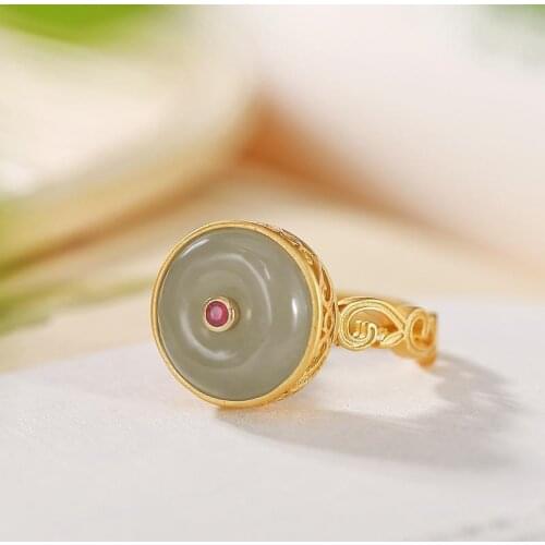 Original Special Ornament Silver Plated Hetian Jade Gray Jade Ring Retro National Style Elegant round Womens Open Ring