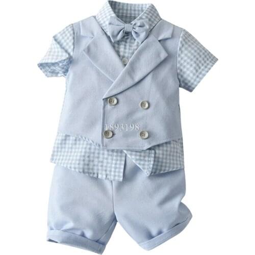 Summer Baby Boy Gentleman Dress Suit Set Children Double Breasted Short-sleeved plaid Vest + Shorts 2pcs Clothing Sets