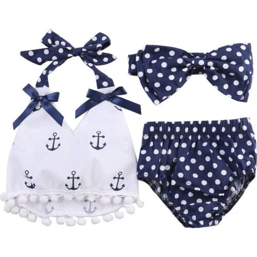 Emmababy Baby Girls Anchors Tops Polka Dot Briefs Head Band 3pcs Outfits Set New Arrival Infant Kids Children Girl Clothing