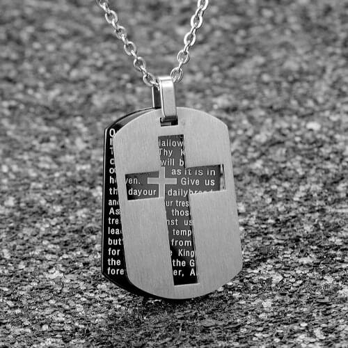 Cross Necklace Men Women Bible Lords Prayer Dog Tags Pendant Double Layer Gold Color Stainless Steel Jewelry Gift For Christian