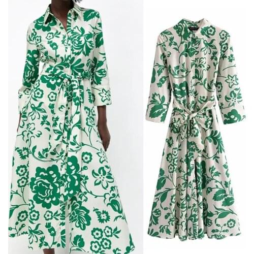Klkxmyt Za 2021 Summer Long Dress Woman Green Print Shirt Dress Women Fashion Belt Button Up Midi Dresses Vintage Casual Dresses