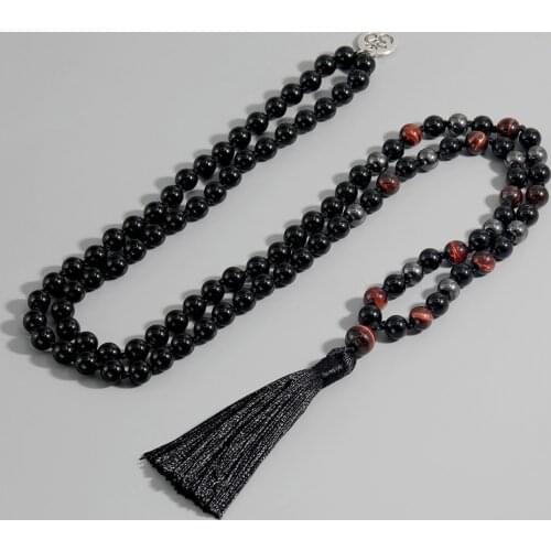 Mens 8mm 108 Mala Hand-Knotted Long Necklace Black Onyx Red Tiger Eye Treatment Stone Rosary Prayer Charm Beaded Tassel Jewelry