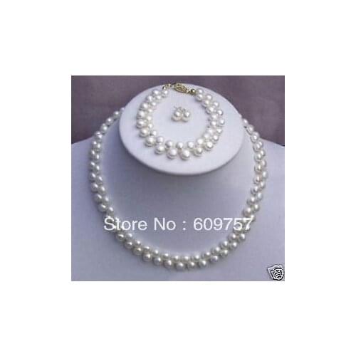 Use White Yellow Natural womens Jewelry 2 rows 7-8MM White Cultured pearl necklace bracelet earring sets