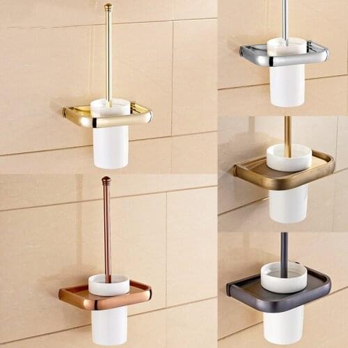 Wall Mounted Toilet Brush Holder Solid Brass Construction Base Ceramic Cup Chrome/Gold/Rose Golden/Antique/ Black