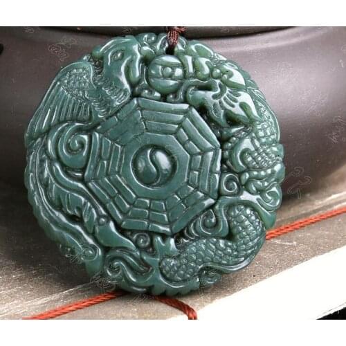 Natural Green Hetian Jades Pendant 3D Carved Round BaGua With Dragon Phoenix Pendants Women Mens Amulet Nephrite Jades