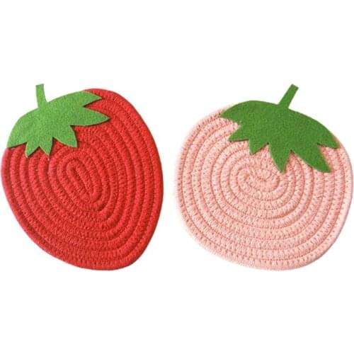 E7CB Cartoon Strawberry Fruit Placemat Cotton Rope Mug Coasters for Dining Table