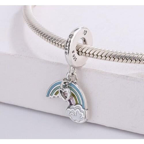 925 Sterling Silver Love Pendant Colorful Rainbow Bead Charm Bracelet Necklace Jewelry DIY Making For Pandora Women