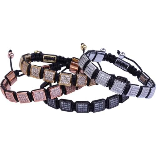 Luxury men jewelry square charm pave white CZ Zircon zirconia resizable macrame bracelets