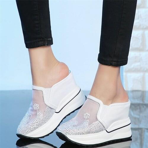 Rhinestones Slippers Women Genuine Leather Wedges High Heel Gladiator Sandals Female Breathable Fashion Sneakers Casual Shoes