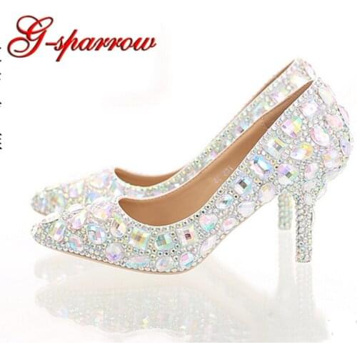 Crystal Wedding High Heel Shoes Glitter AB Color Performance Party Shoes Pointed Toe Party Prom Pumps Bling Bling Women Shoes