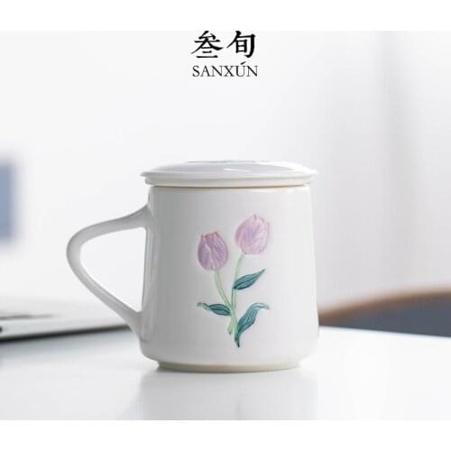 Three ten-day tulip mugs office filtering household contracted art glass with cover cup tea cup