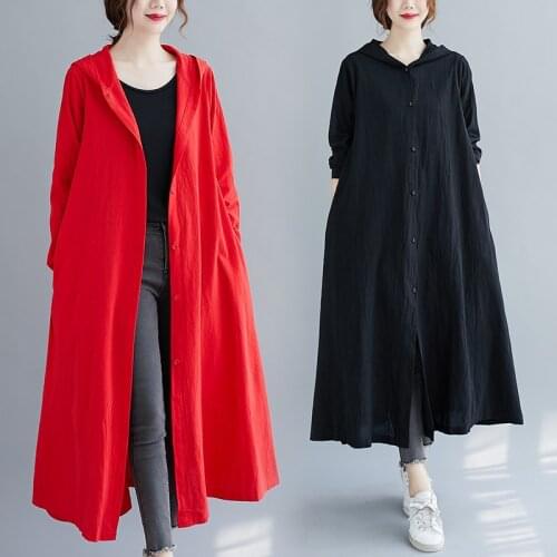 Hooded Mid-Length Windbreaker Women 2021 Spring Autumn Korean Fashion Loose Casual Solid Color Long Sleeves Trench Coat Female