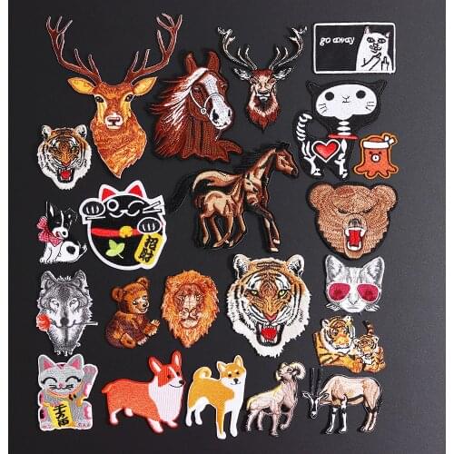 Wolf Tiger Elephant Punk Animal Patches Iron On Embroidery Elephant Goat Cat Cloth Appliques 3D Diy Cartoon Cat Clothes Decor