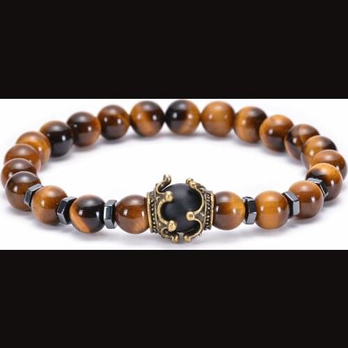 Wgoud Tiger Eye Bracelets For Men High Quality Antique Crown Shape Natural Stone Bead Stretch Bangle Hiphop Punk Jewelry