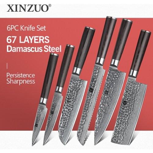 XINZUO 6PCS Kitchen Knives Set High Carbon VG 10 Japanese Damascus Steel Chef Bread Nakiri Santoku Paring Utility Knife Gifts