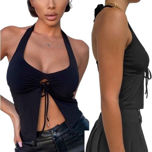 Women Casual Sexy Camisole Black Solid Color U-shaped Collar Sleeveless Crop Tops