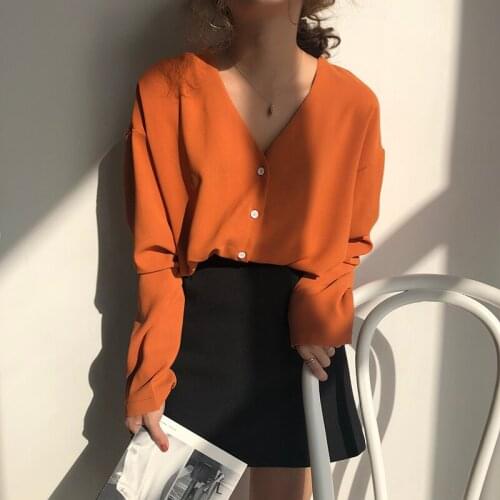 Women Spring Sexy V Neck Long Sleeve Loose Blouse Vintage Single Breasted Sunproof Shirt Casual Cardigan Tops