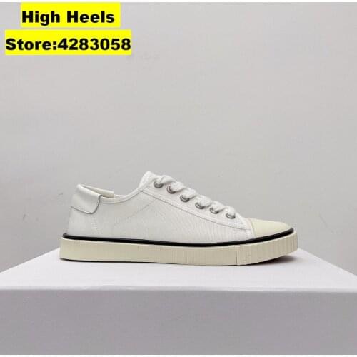 RunWay Casual Designer Women Shoes Trainer White Genuine Leather Canvas Lace Up Thick Sole Casual Shoes Bumper Sneakers Boots