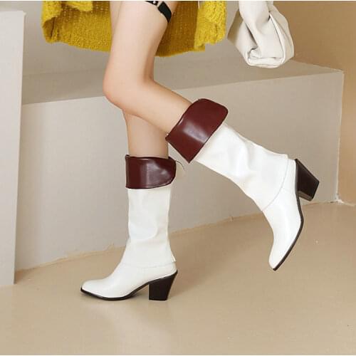 Ladies Autumn Winter Knee High Boots Fashion Turned Over Edge Color Matching Slip On Rider Boots Winter Thick Heel Womens Shoes