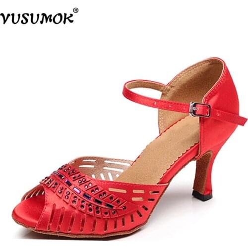 VUSUMOK Latin dance shoes Women Rhinestone companionship shoes Open Toe Strap Salsa Party Ballroom Dancing shoes 7.5cm 2017 New