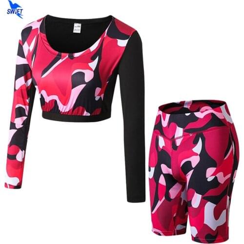 Women Camouflage Running Yoga Set Gym Fitness Clothing 2 Pcs Long Sleeve Crop Tops+Shorts Sport Suit Workout Jogging Sportswear
