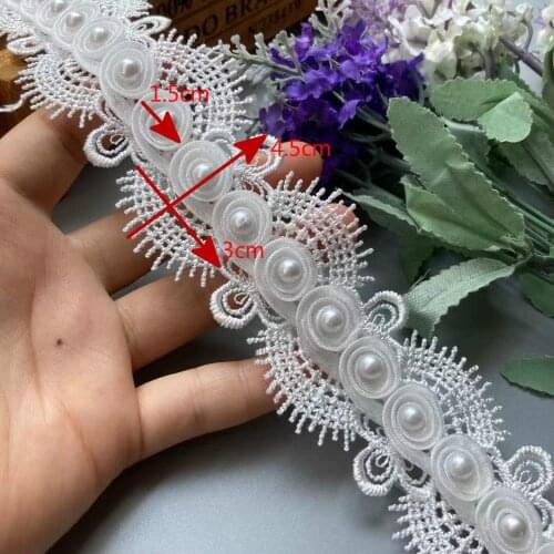 2 Yards White Floral Pearl Beaded Flower Embroidered Lace Trim Ribbon Patches Wedding Dress Fabric For Costume Hat Sewing Craft