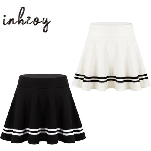 2020 New Korean High Waist A-Line Mini Skirts Student Girls Sweet Women Flared Skirt Casual Striped Hemline Elastic Waistband