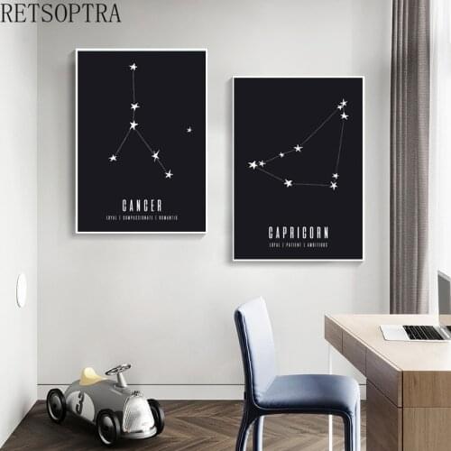 2021 Fashion Constellation Nursery Astrology Sign Wall Art Canvas Poster Prints Black Painting Nordic Kids Room Decoration