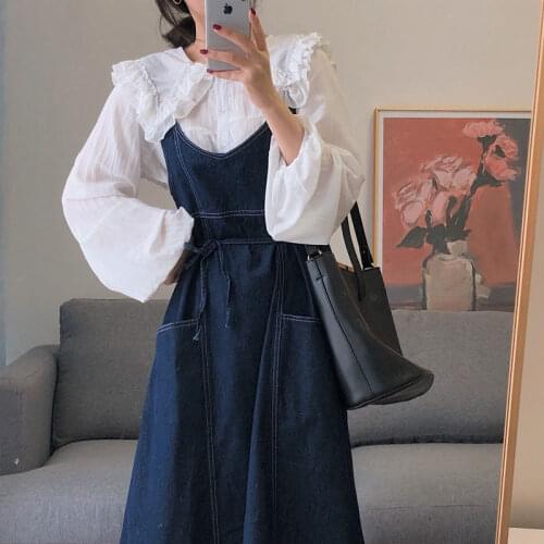 2021 Spring Autumn New Female Sweet French Gentle Shirt Ruffle Collar Blouse Denim Suspender Dress Two-piece Suit Women