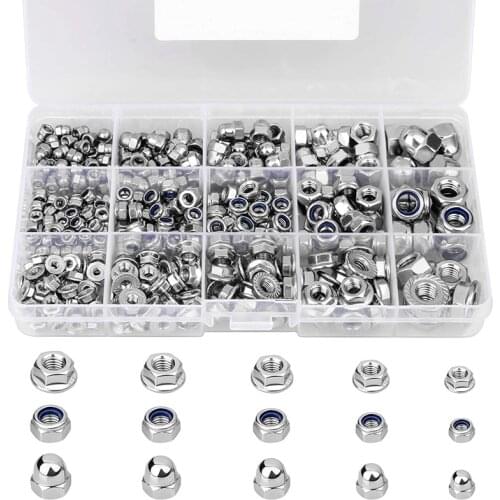 385Pcs Lock Nut Assortment Hex Flange Nuts M3 M4 M5 M6 M8 Stainless Steel Insert Nylon Locknut Metric Fastners Assorted