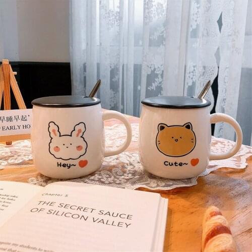 390ml Cute Boys and Girls Kawaii Mugs Ins Ceramic Cup Student Korean Style Cartoon Mug with Lid and Spoon Coffee Mug Couple Cup
