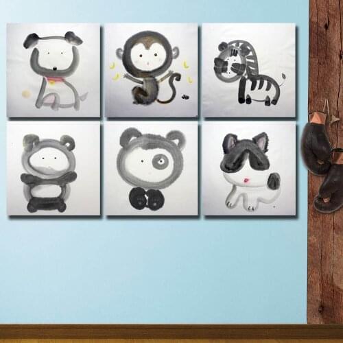Large Size Wall Art, Wall Decor oil Painting 6pcs Modern cartoon ink animals wall pictures kids room wall photo decor No Frame