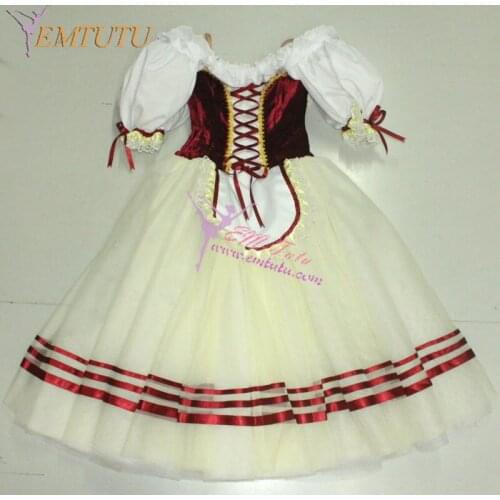 Burgundy Peasant Ballet Long Tutu Dress Girls Ballet Stage Costume Napoli Giselle Tutu Deep Red Village Girl Ballet Costume