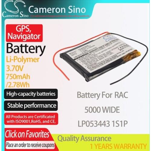 CameronSino Battery for RAC 5000 WIDE fits RAC LP053443 1S1P GPS,Navigator battery 750mAh/2.78Wh 3.70V Li-Polymer Black