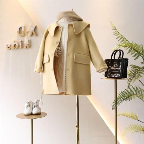 Childrenswear Winter New Style Korean-style Girls Solid Color Fold-down Collar Long Woolen Coat CHILDRENS Jacket