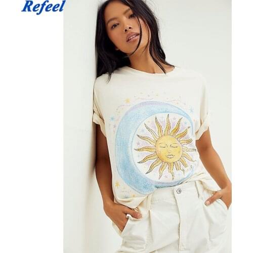 Spring summer women tee sun moon casual oversized loose short sleeve beige black Tshirt streetwear top ladies