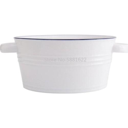 Blue Line White Ceramic Soup Bowl with Handle Nordic Western Food Container Household Pasta Dessert Plate Ceramic Tableware 1pc