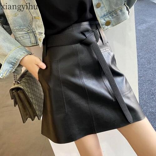 Leather Skirt 2020 New Women Winter Autumn Fashion Sashes Pocket Skirt Slim Casual Black High Waist A-line Mini Skirts Ladies
