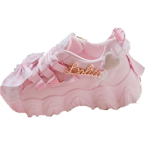 Pink Plaid Bowknot Sweet Girl Campus Student Sneakers Platform Womens Shoes Straps thick bottom round head high heel 5.5cm cos