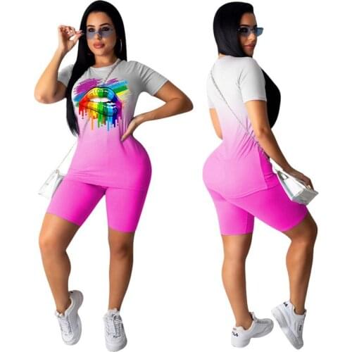 Summer Women Tracksuit Gradient Lips Print Plus Size Two Piece Set Top and Biker Shorts Lounge Wear Outfits Matching Sets 2021
