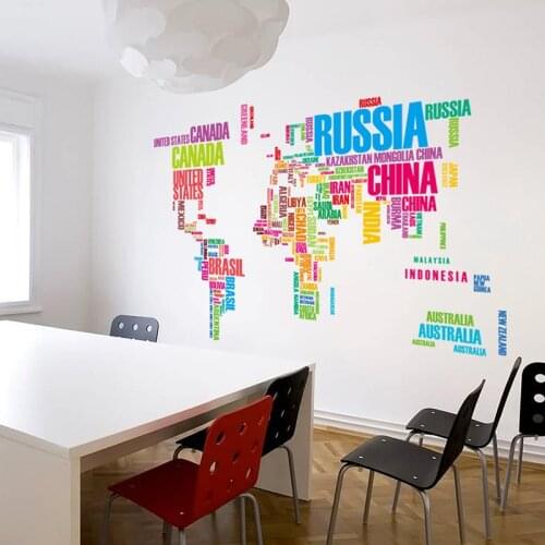 Hot Sell Home Bedroom Decoration Large World Map Wall Stickers Creative Letters Map Wall Art Wall Decals Black & Colorful