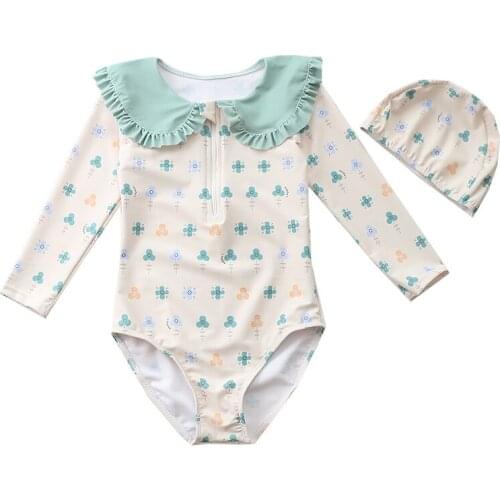 2021 New Summer Children Swimsuit Print Girl Bikini Long-Sleeve Sunscreen Beach One-Piece Swimsuit Zipper