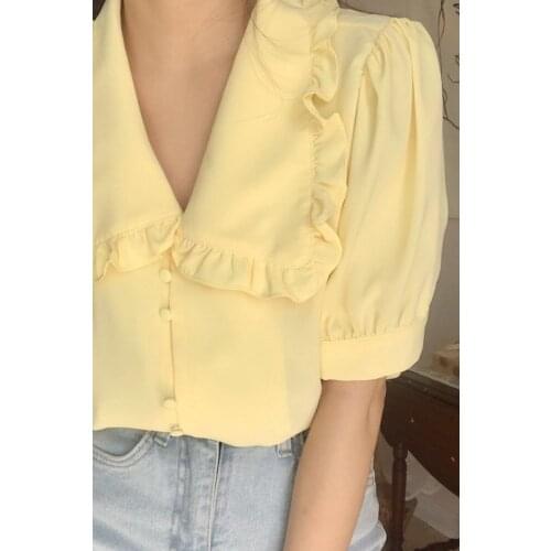2021 new yellow doll collar blouse for women summer short sleeves thin French design small number of chiffon edge chic blouse