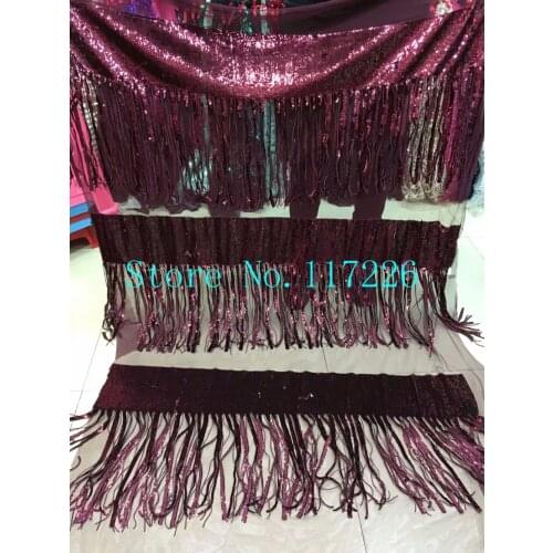 New design good quality JRB-011-1 wine color fringe sequin luxury mesh french lace fabric for wedding gown dress/sawing