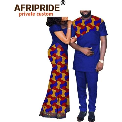 African Couple Clothes Women`s Long Maxi Dress and Men`s Tracksuit Dashiki Outfits Shirts and Pants Set Evening Wedding A20C003