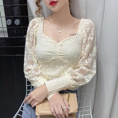Autumn Spuare Collar lantern sleeve blouses Ladies Lace Hollowed Out Skinny Bottomed Tops Women Full-sleeved Soft Shirt Femme