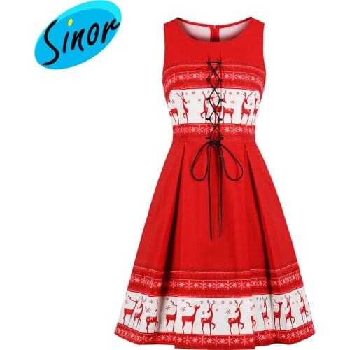 Womens Wear Spot Autumn and winter printing waist thin strap large Christmas dress 1713 office banquet