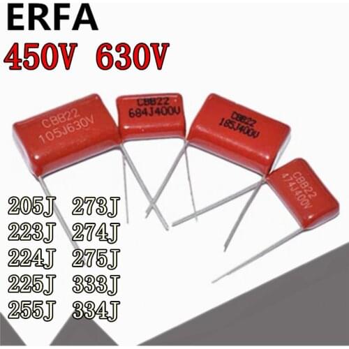 10pcs CBB22 polypropylene film capacitor 450V 630V 205J 223J 224J 225J 255J 273J 274J 275J 333J 334J 0.022uf 0.2uf 1uf